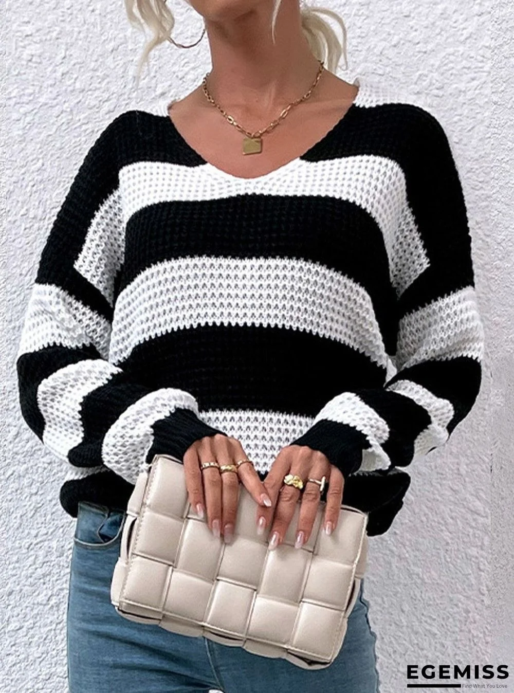 Casual Stripe Waffle V-neck Sweater Women | EGEMISS