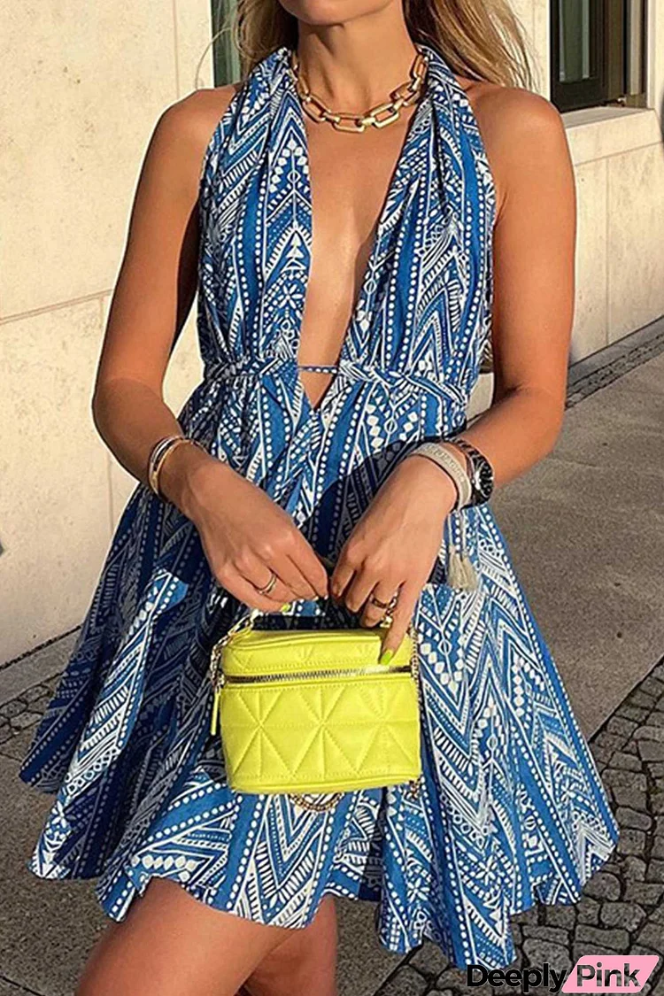 Blue Printed Halter Backless Dress