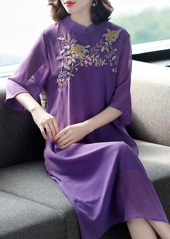 Vintage Purple Mandarin Collar Embroideried Silk Long Dress Summer