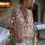 Women's Vintage Pink Rose Linen Blend Short Sleeve T-shirt - Image 2