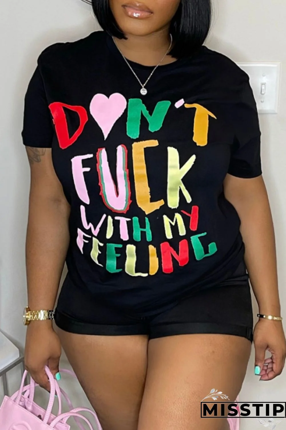 Black Casual Letter Print Basic O Neck T-Shirts