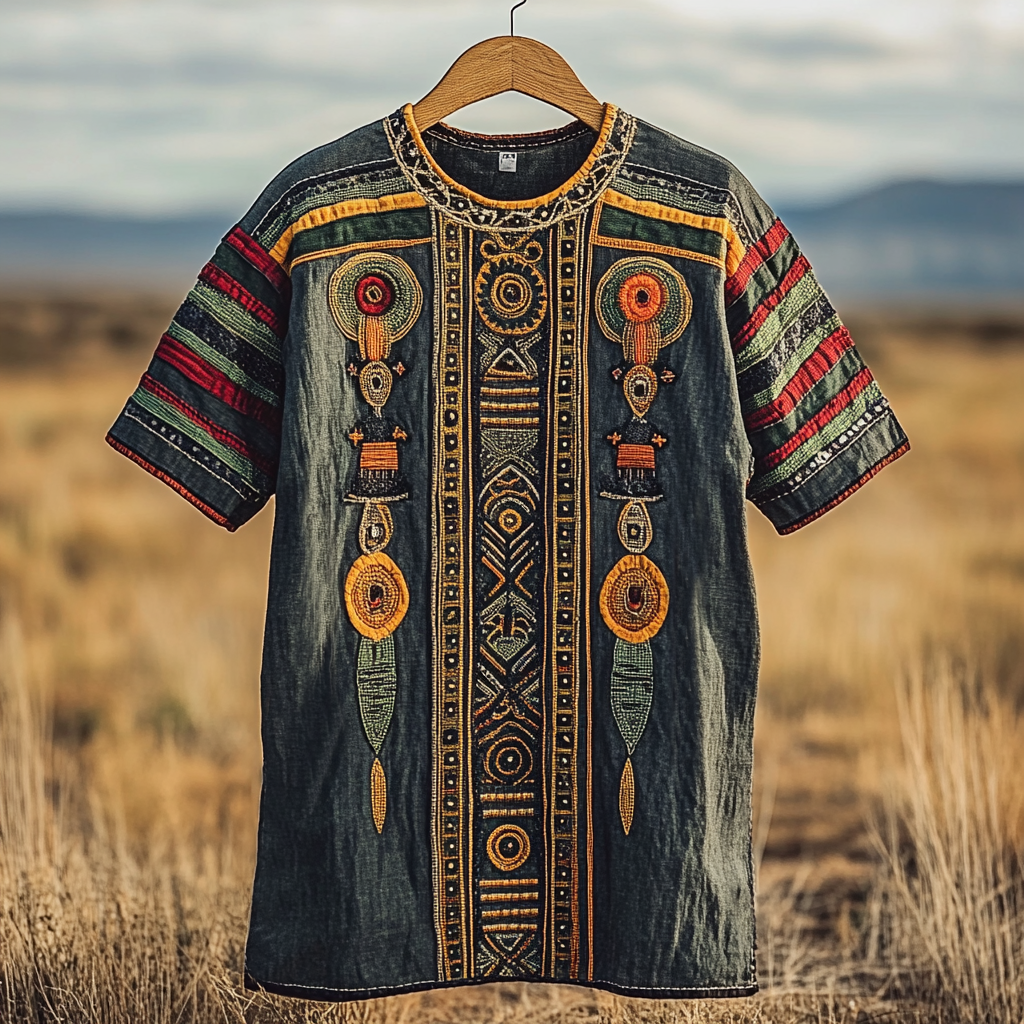 Men's Tribal Geometric Juneteenth Black Pride Art Print Linen T-shirt