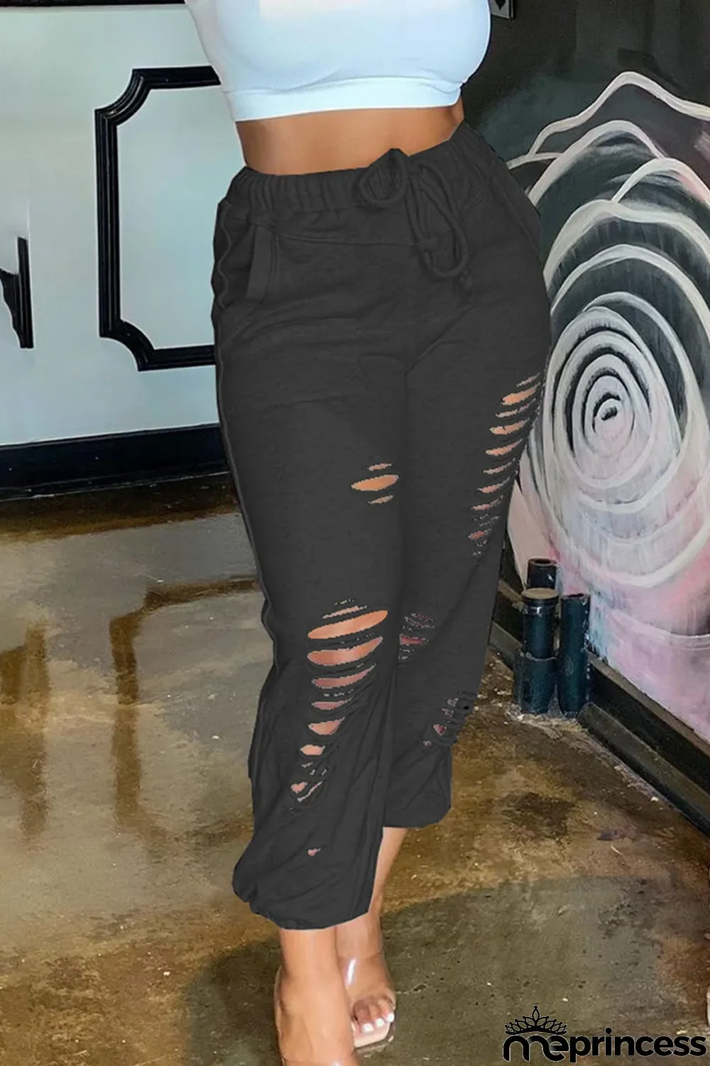 Black Casual Solid Ripped Regular Bottoms