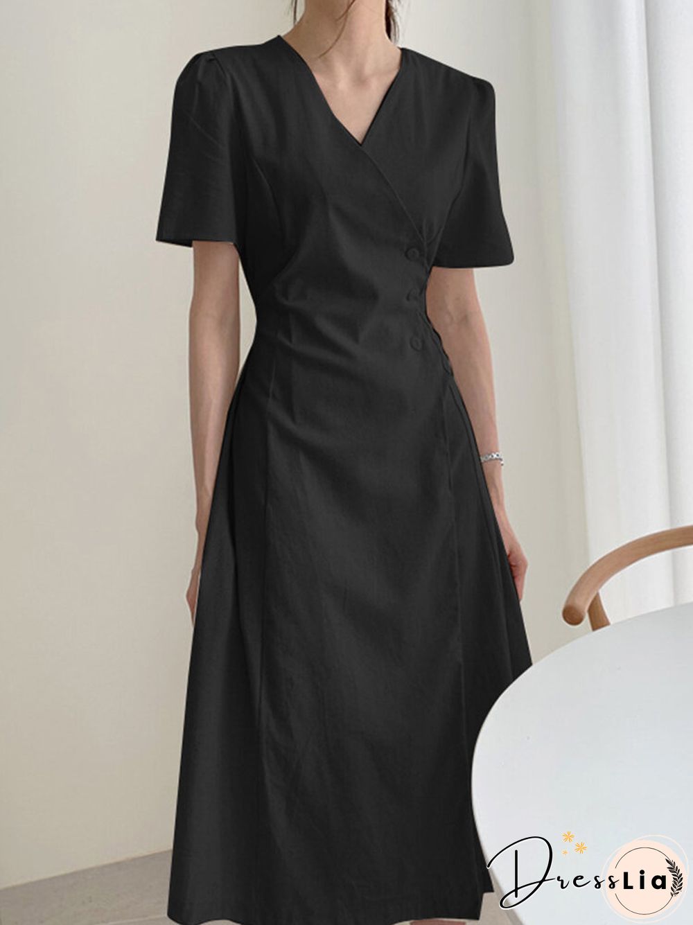 Solid Warp Button Front V-neck Short Sleeve Casual Dress