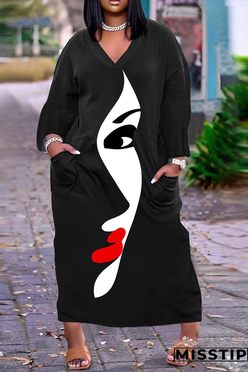 Blue Casual Print Patchwork V Neck Straight Dresses