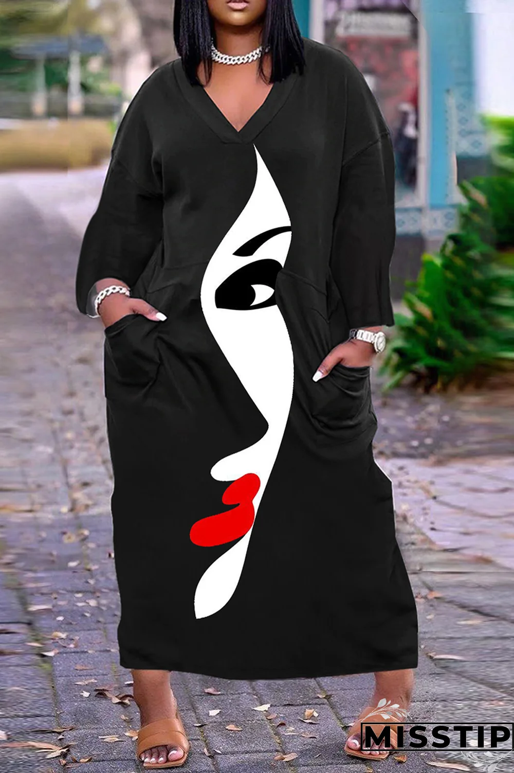 Blue Casual Print Patchwork V Neck Straight Dresses