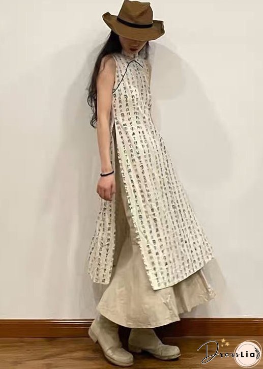 Retro Beige Stand Collar Print Side Open Cotton Dress Sleeveless