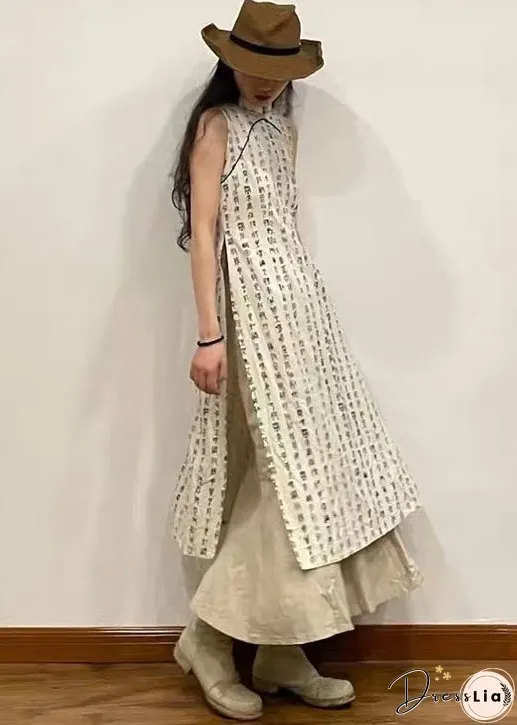 Retro Beige Stand Collar Print Side Open Cotton Dress Sleeveless