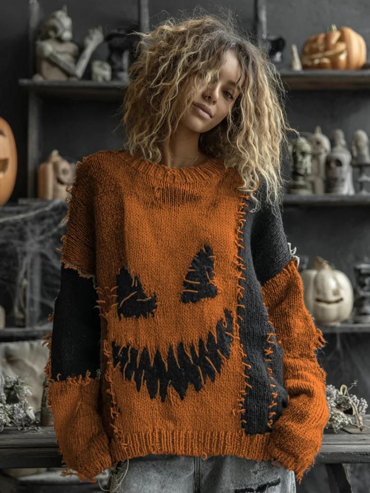Halloween Spooky Face Contrast Stitched Cozy Knit Sweater