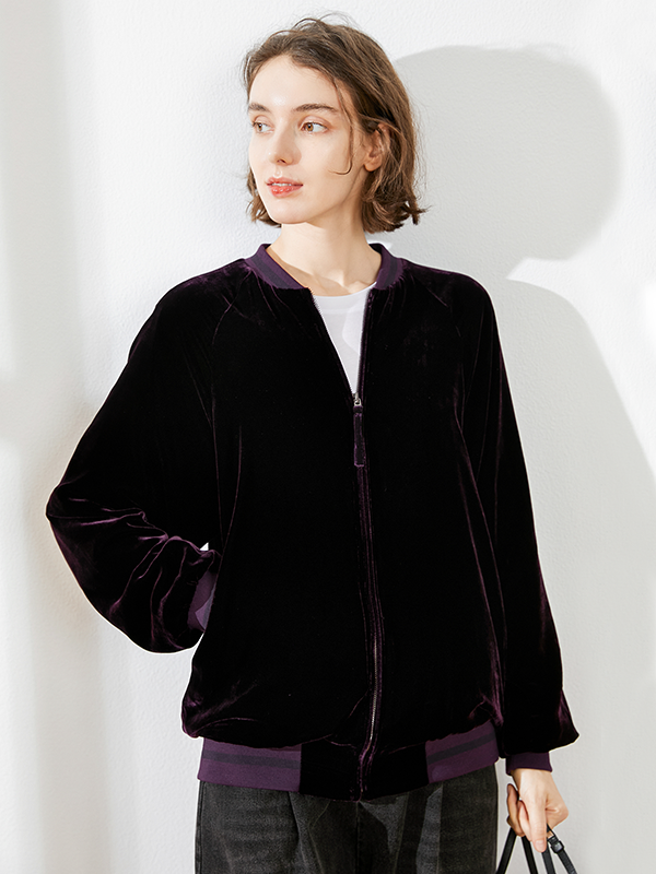 Casual Silk Velvet Jacket With Basic Zipper For Women-Real Silk Life