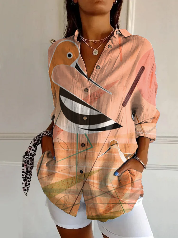 Vintage Bird Art Print Casual Long Sleeve Shirt