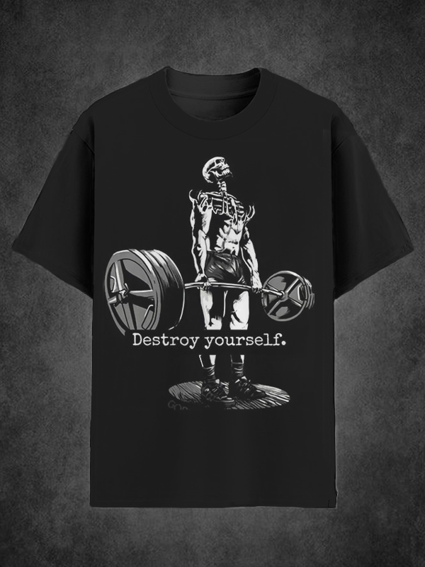 Men's Destroy Yourself Skeleton Weightlifting Print T-Shirt