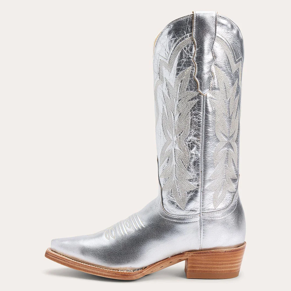 Silver Embroidered Snip Toe Stacked Heel Cowboy Boots for Women