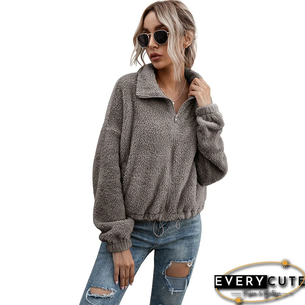 Gray Zipper Up Double-side Fleece Coat