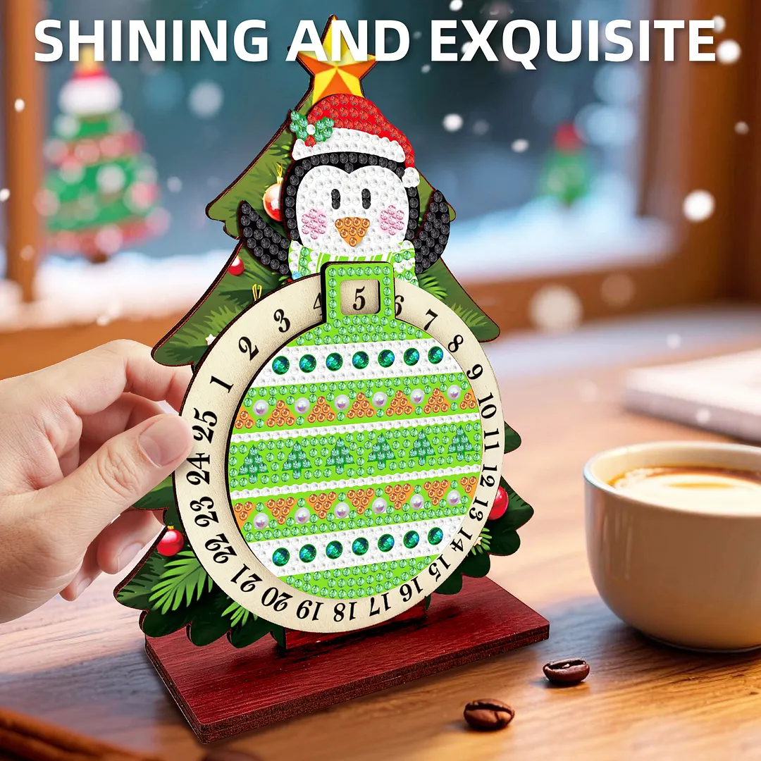Penguin DIY Christmas Countdown Diamond Painting Tabletop Ornaments Kit 25 Days Crystal Art Craft Decoration Wooden for Living Room Home Office Decoration