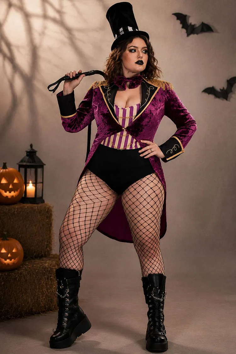 Xpluswear Design Plus Size Halloween Costume Purple Velvet Bodysuit Two Pieces Set (Without Hat)（Ships 24h） 2024 - Xpluswear