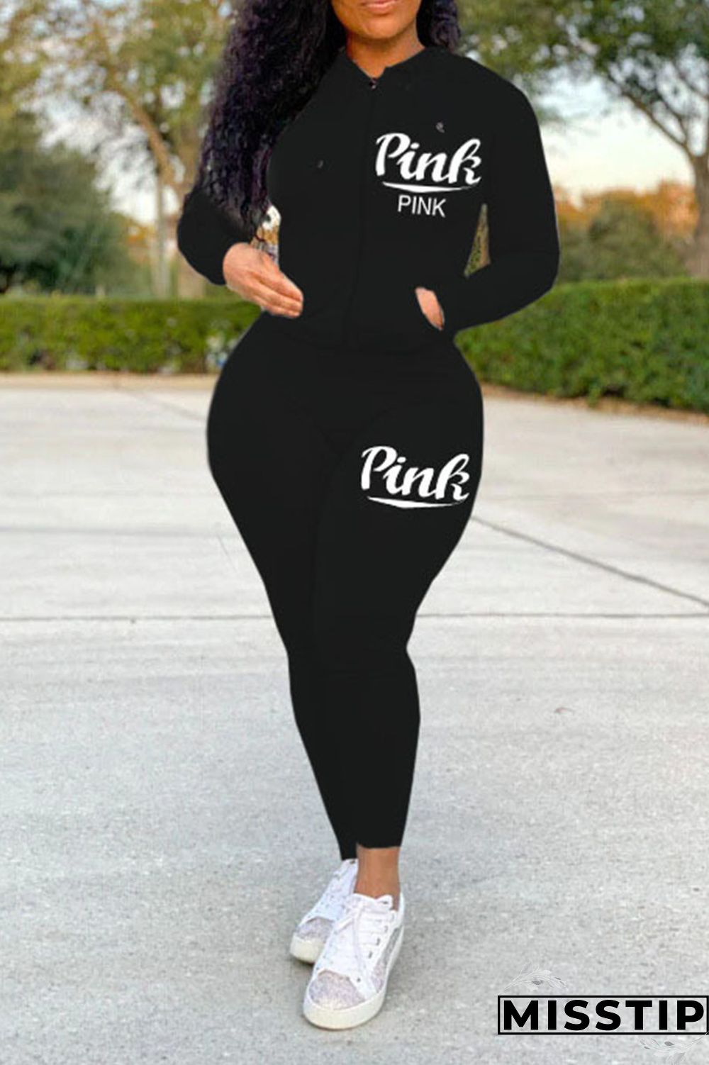 Black Casual Sportswear Print Patchwork Zipper Hooded Collar Long Sleeve Two Pieces
