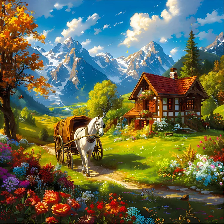White Horse House In The Snowmelt Mountain 30*30CM (Canvas) Full Round Drill Diamond Painting gbfke