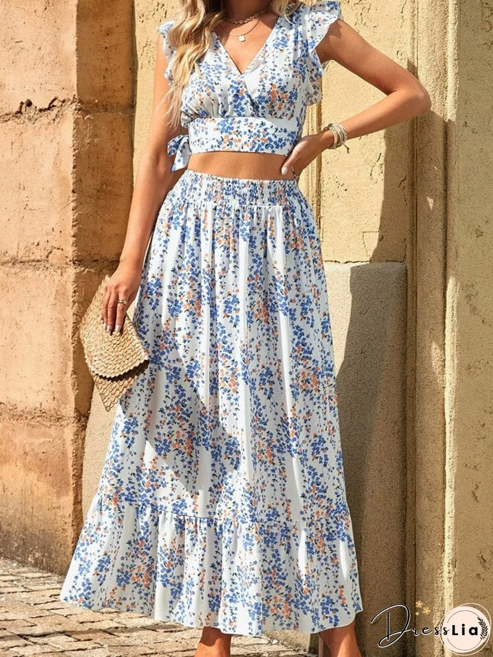 Floral White Bohemian Chic Two Piece Maxi Dress Set
