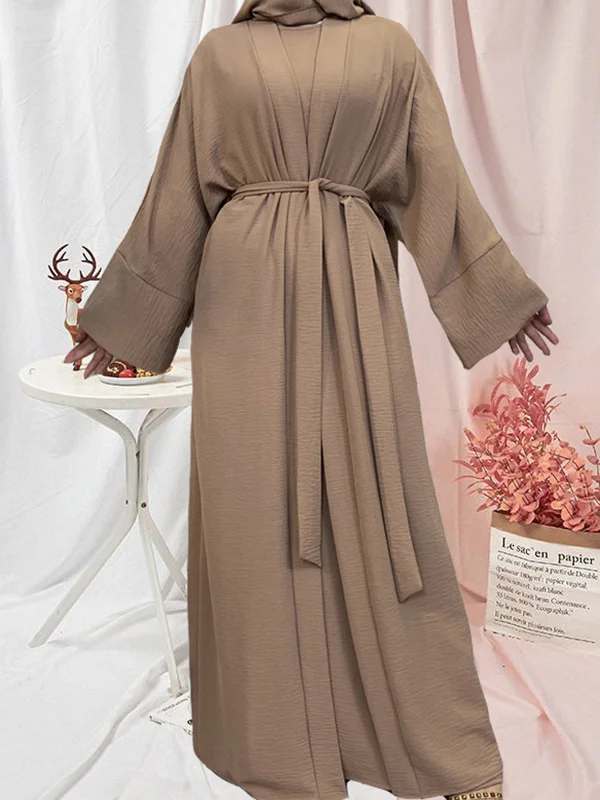 Loose Solid Color Inner Dress + Tied Waist Outerwear Two Pieces Set