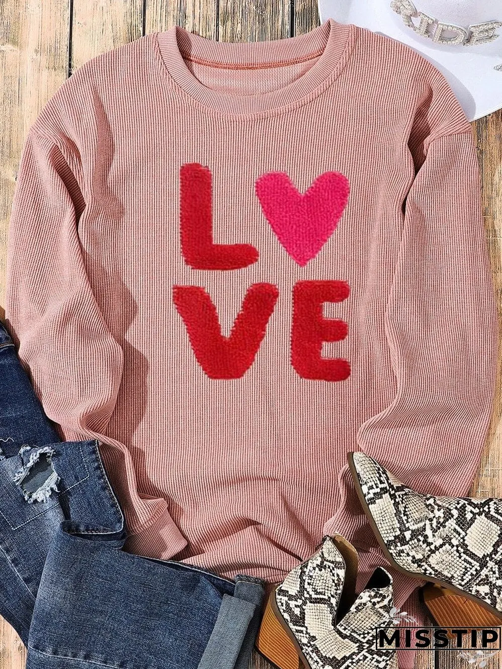 Chenille LOVE Pink Corded Graphic Sweatshirt