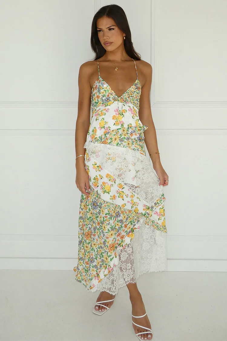 Ditsy Floral Print Deep V Neck Lace Patchwork Backless Slip Maxi Dresses-Green