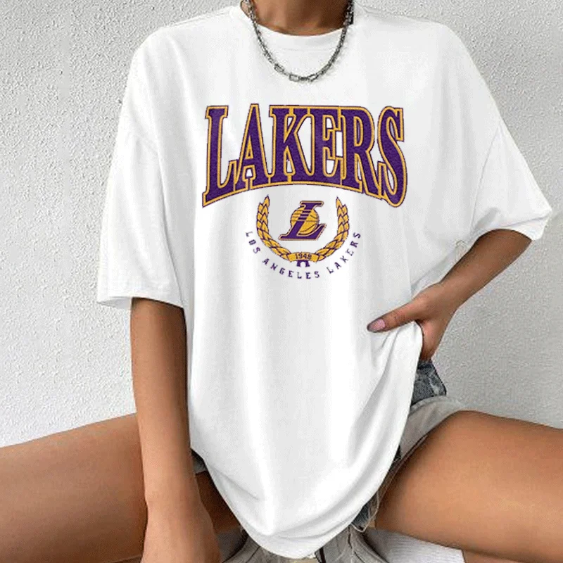 Women's Fashion Casual VNeck Lapel Basketball Support Los Angeles Lakers T-Shirt