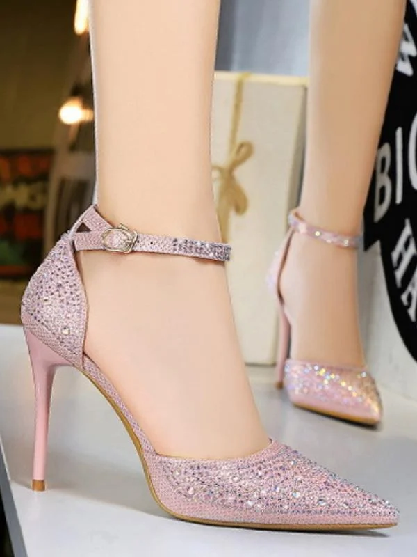 Shallow mouth pointed toe cutout stiletto sandals with rhinestones