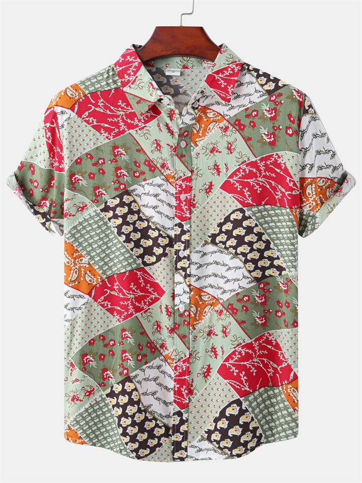 Summer Men's Casual Striped Printed Floral Flap Lapel Single Breasted Beach Short Sleeve Shirt Men's Shirt Cardigan