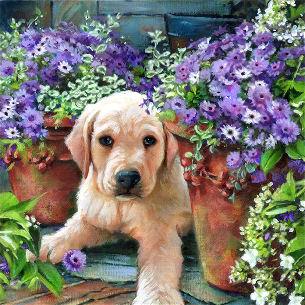 

(Multi-Size) Dog in Flower - Round/Square Drill Diamond Painting, Round diamond 50*50cm, 501 Original