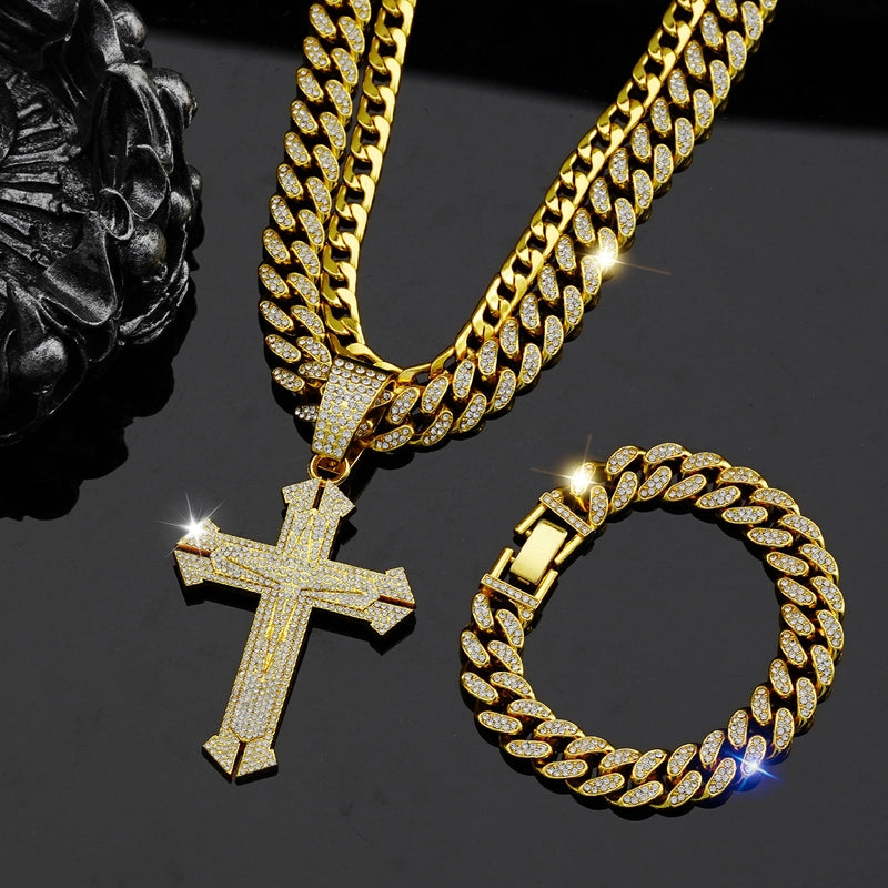 Jewelry Fashion Personalized Hip Hop Cross Pendant Necklace Men’s Full Diamond Cuban Link Chain Bracelet Suit