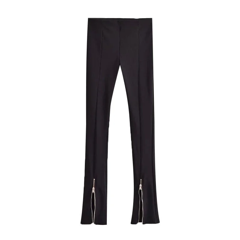 TRAF Women Chic Fashion Zipper Hems Skinny Black Pants Vintage High Elastic Waist Female Trousers Mujer