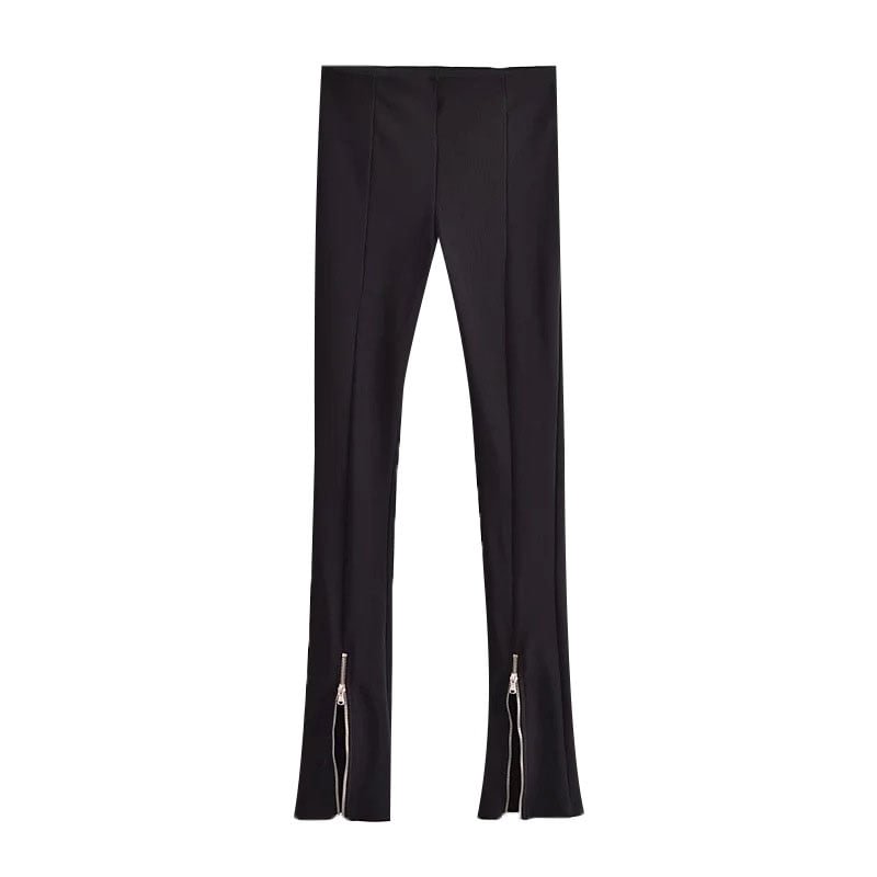 TRAF Women Chic Fashion Zipper Hems Skinny Black Pants Vintage High Elastic Waist Female Trousers Mujer