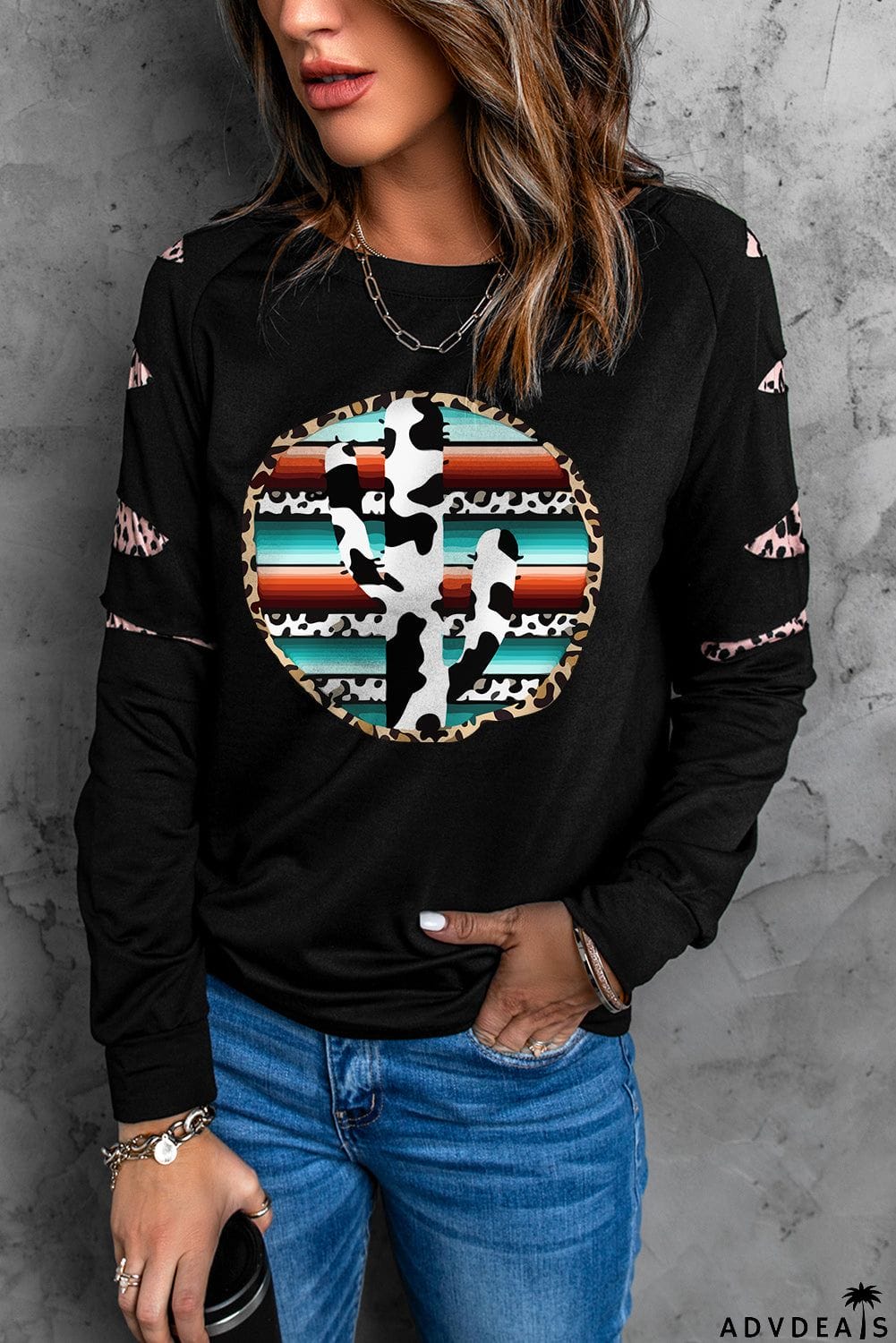 Cow Cactus Graphic Print Contrast Long Sleeve Sweatshirt