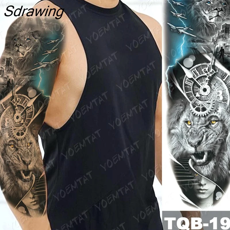Sdrawing Arm Sleeve Tattoo Tiger Lion Wolf Owl Waterproof Temporary Tatto Sticker Crown Warrior Body Art Full Fake Tatoo Men Women