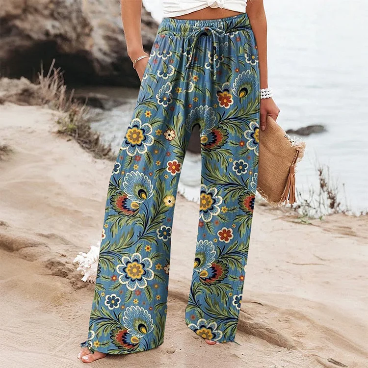 Vintage Floral Art Printed Wide-leg Casual Pants