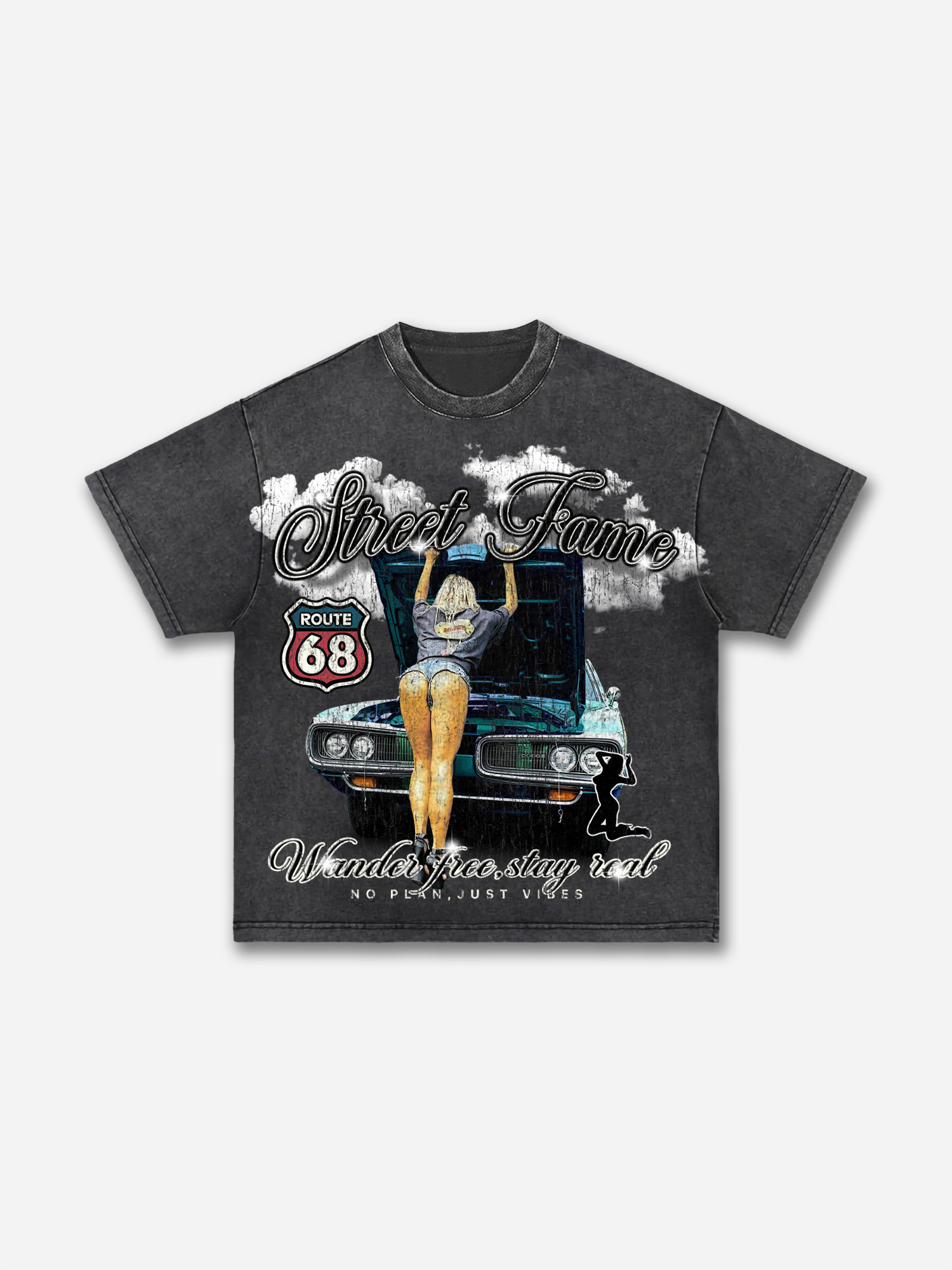 Streetfame Highway 68 Muscle Car Girl Old Vintage Graphic Acid Wash T-shirt