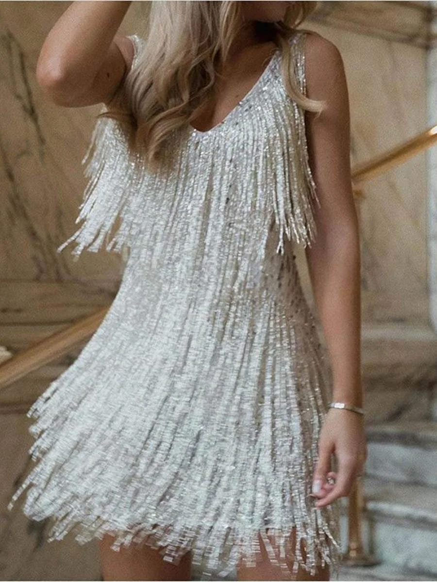 Fashion V-neck Sleeveless Fringed Midi Dress