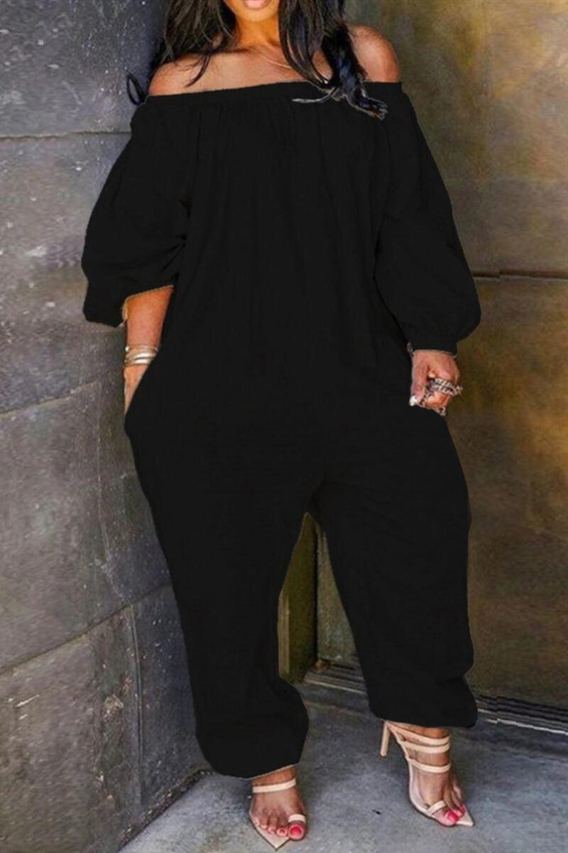 Plus Size Solid White Basic Off the Shoulder With Pockets Jumpsuits