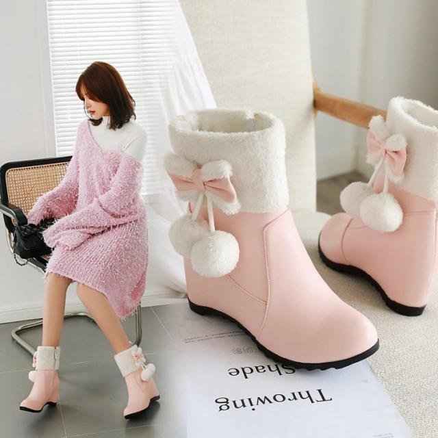 Pink/Beige Kawaii Warm Thick Plush Flat Cute Bowknot Snow Short Boots SP16963