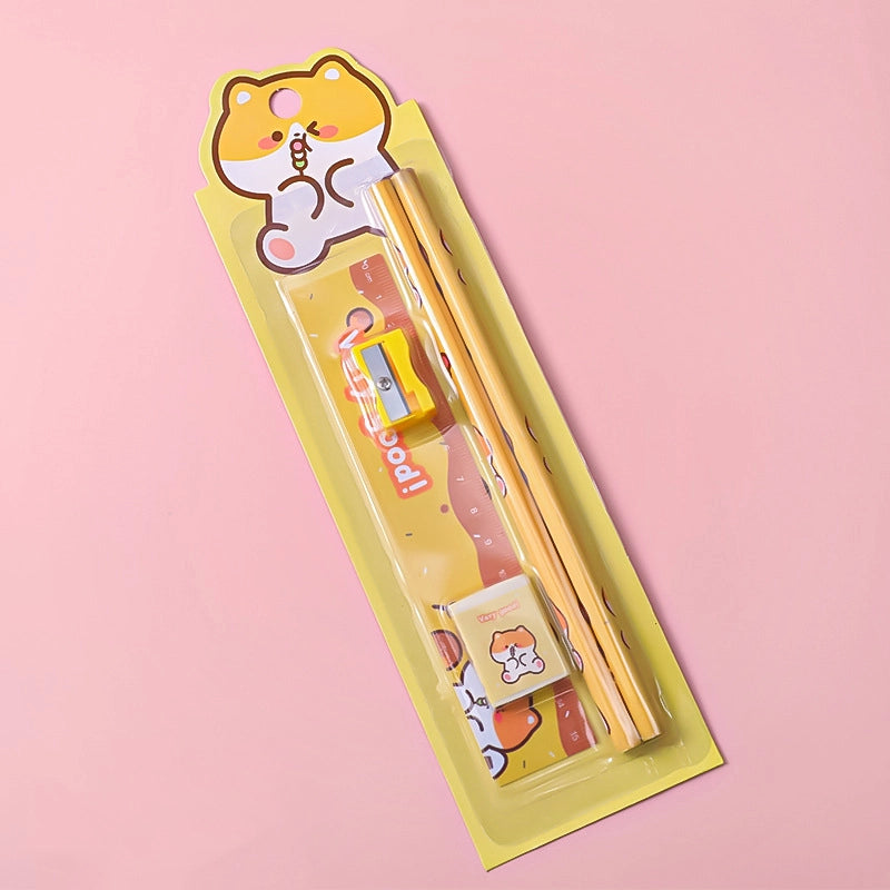 Student Learning Stationery Cartoon Pencil Eraser Ruler Pencil Sharpener Five-piece Set