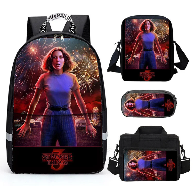 Buzzdaisy Fashion Backpack 3D Stranger things Backpack for Boys Girls Schoolbag 4PCS