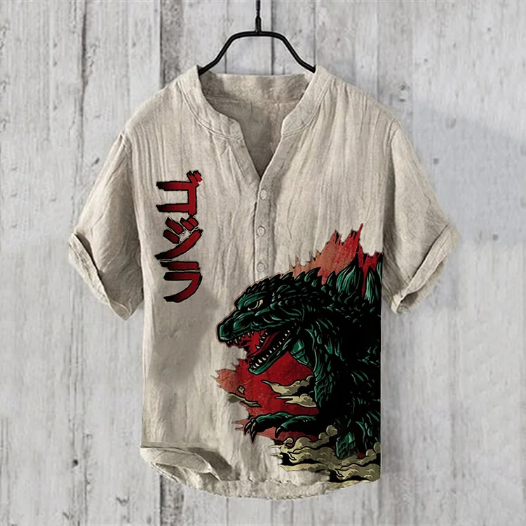Vintage Japanese Flame Godzilla Art Linen Blend Shirt