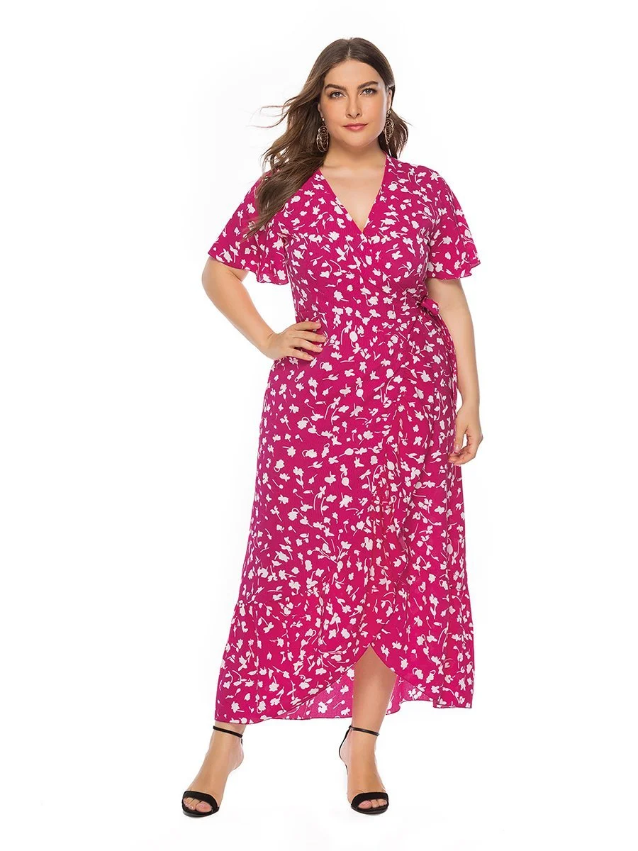 Plus Size Dress Split Small Floral V Neck Short Sleeve Dress