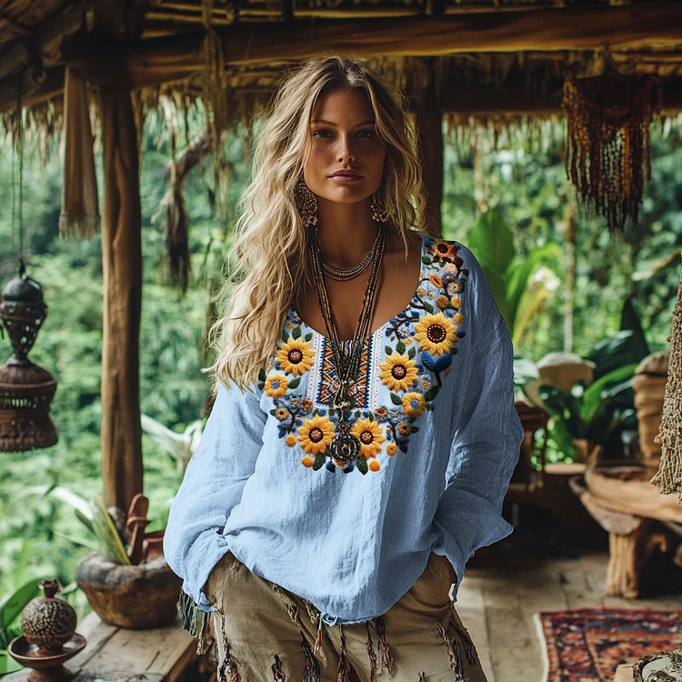 Utbros Sunflowers Embroidered Linen Blend Shirt