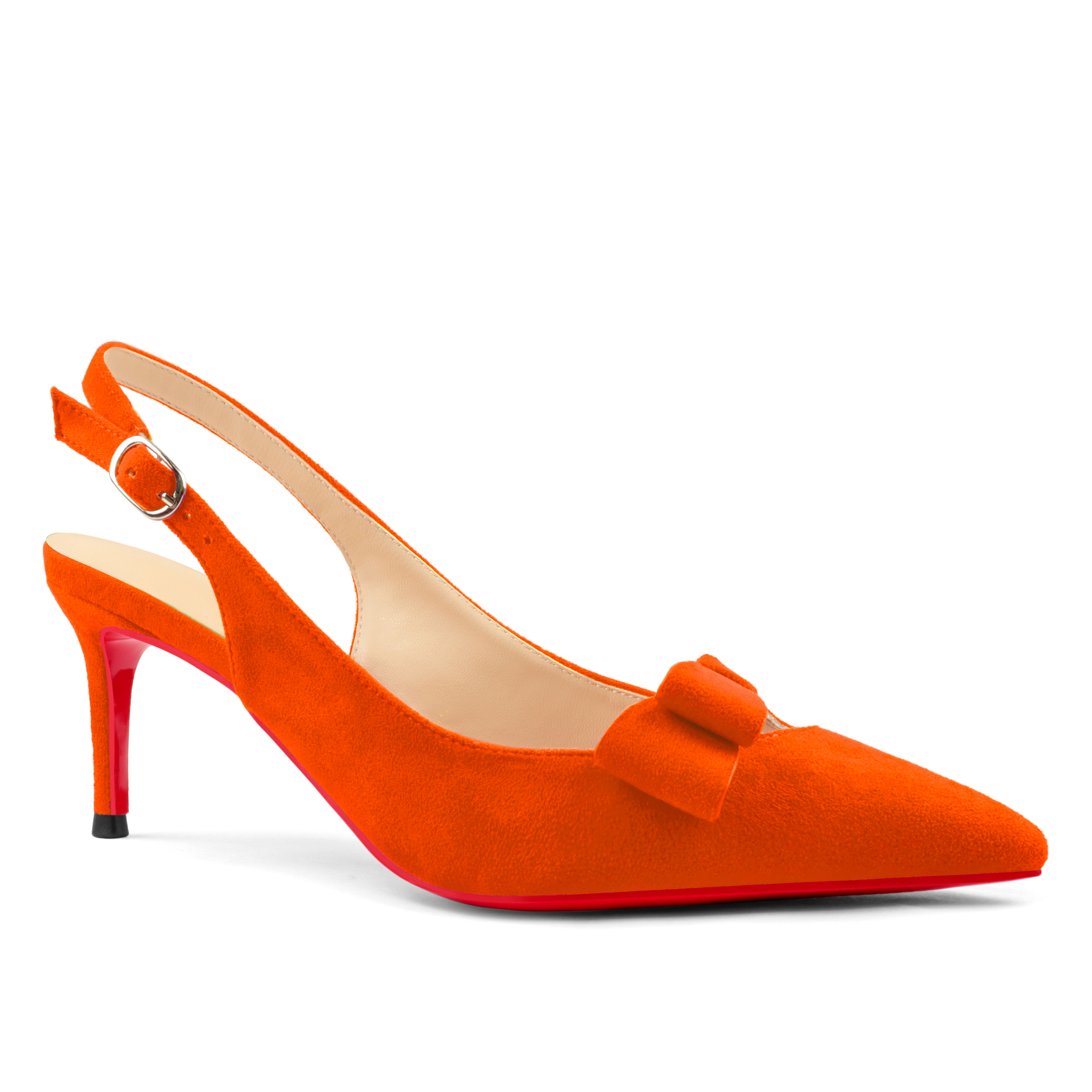 60mm Women's Pointed Toe Kitten Heels Bow-Knot Slingback Pumps Red Bottom Suede Sandals-MERUMOTE