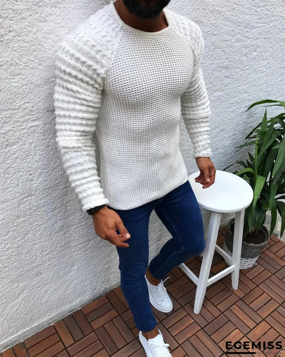 Slim Long Sleeve Round Neck Pullover Sweater Top | EGEMISS