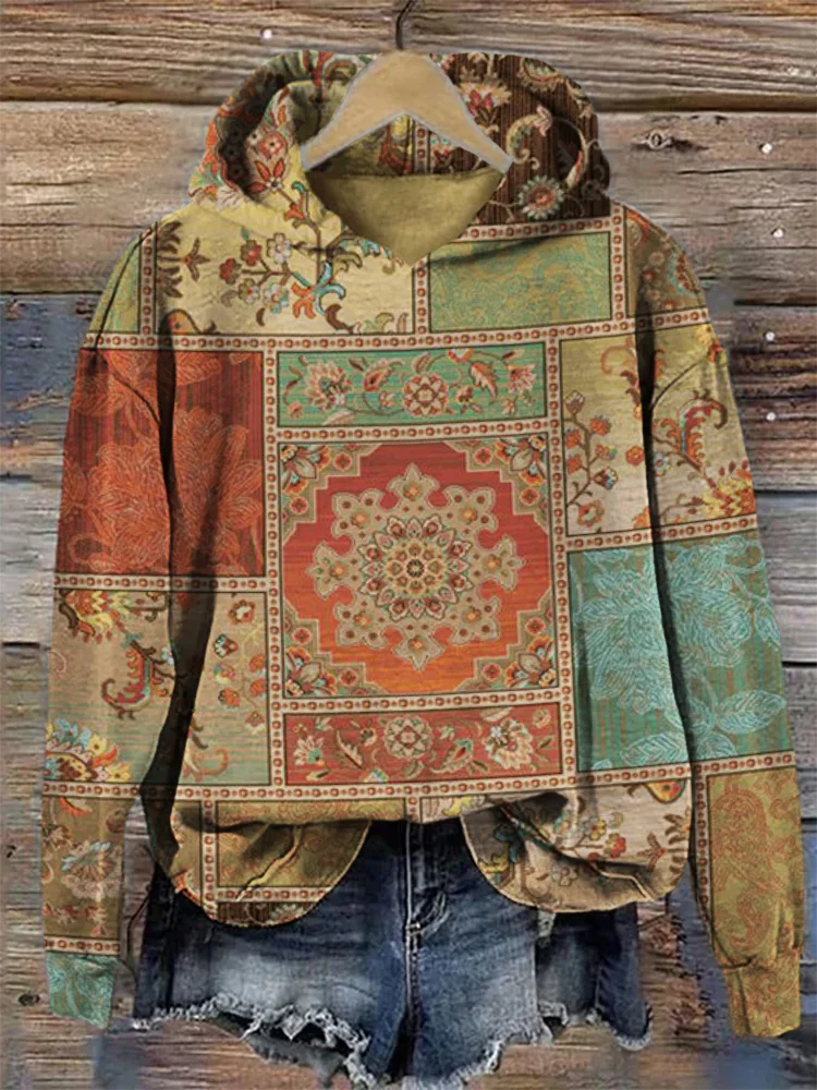 Comstylish Ethnic Floral Patchwork Art Cozy Hoodie