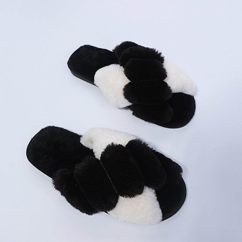 Winter Women Faux Fur Slippers Warm Fluffy Furry Cross Strap Home Indoor Shoes Footwear Cozy House Non Slip Mix Color Whosale