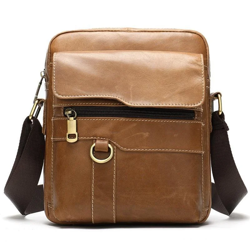 Comfy Leather Men's Soft Shoulder Bag Solid Color Zipper Crossbody Bag